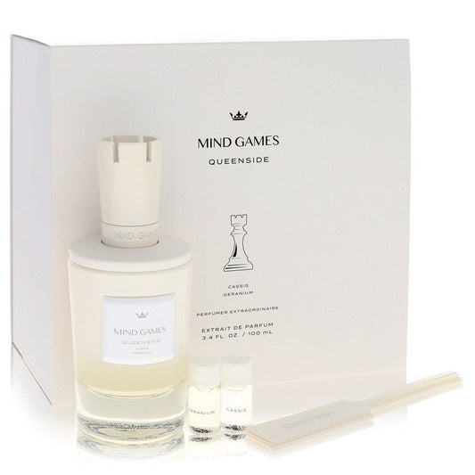 Mind Games Queenside by Mind Games Gift Set -- 3.4 oz Extrait De Parfum Spray + 2 x 0.10 Mini Extrait EDP + Testing Papers for Women